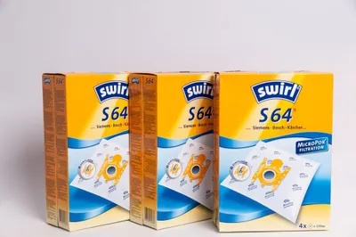 Three boxes of Swirl S64 vacuum cleaner bags are displayed against a white background.