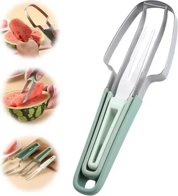 Produktbild von 3-in-1 Obstschneider aus Edelstahl, 2024 Neu Wassermelonengabel-Schneidewerkzeug, Doppelkopf-Obstgabeln-Schneidemesser mit rundem Griff