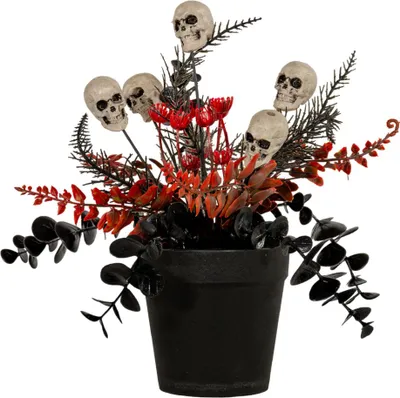 Produktbild von Schwarz-Rote Kunstpflanze mit Totenköpfen 23cm
