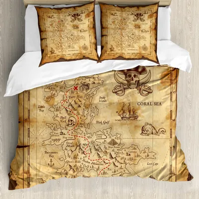 Produktbild von ABAKUHAUS Insel-Karte Bettbezug Set, Detaillierte Schatzkarte Grungy Rustikale Piraten Goldgeheime Geschichte Thema, 200 x 200 cm + 80 x 80 cm, Beige Braun