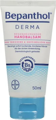 A product shot of a Bepanthol Derma hand balm tube.