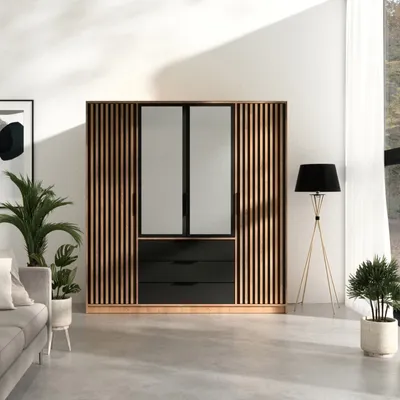 A modern bedroom scene featuring a wardrobe, sofa, and floor lamp.