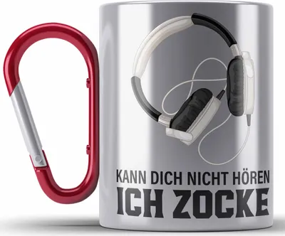 Produktbild von Trendation - Gamer Edelstahl Tasse Karabiner Geschenk Jungen Zocker Mitbringsel Männer Zocken Gaming Geschenkideen PC Kinder Zubehör Spruch Lustig Kann Dich Nicht Hören (Rot)