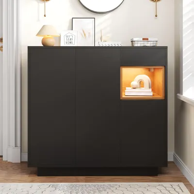 Image de OKWISH Meuble À Chaussures Avec LED 16 Couleurs - Meuble De Rangement Pour Entrée Avec Tiroirs Et Étagères Réglables - Bois Et Métal - Noir