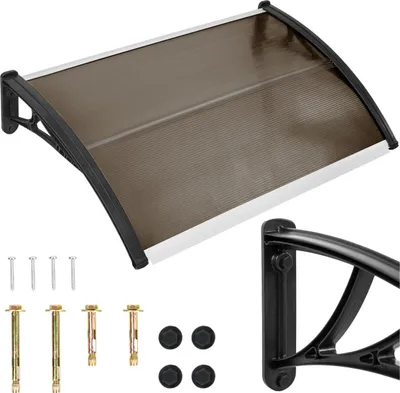 A product shot of a brown awning with mounting hardware.