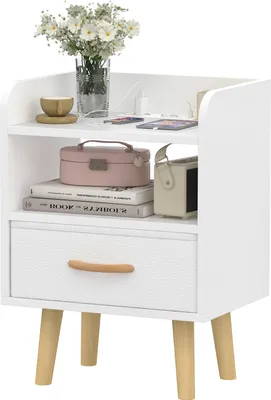 Produktbild von Nachttisch mit Steckdose,Beistelltisch mit offener Schublade,Sofatisch Nachtschrank  für Schlafzimmer, Wohnzimmer offenes Fach, 40x30x61cm Weiß