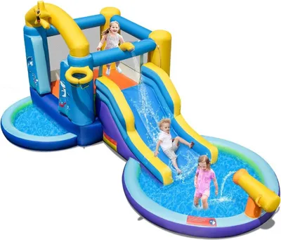 Produktbild von Aufblasbarer Wasserrutschenpark mit 2 Pools & 680W Gebläse & Wasserkanone Blau