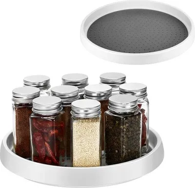 Produktbild von Unyqoos® Drehbares Gewürzregal – 360° Küchenorganizer aus dickem PET, rutschfest mit 4 Schaumkissen, für Gewürzgläser & Backutensilien, 30 + 25 cm