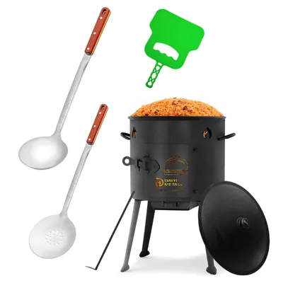 Produktbild von Ø36cm Uchag 2mm Stahl Utschak Utschag Feldküche 10L Kazan WOK Kasan (Runder boden) Feuerstelle Campingofen Außenküche Eintopfofen mit Schaumkelle Suppenkelle Grillfächer