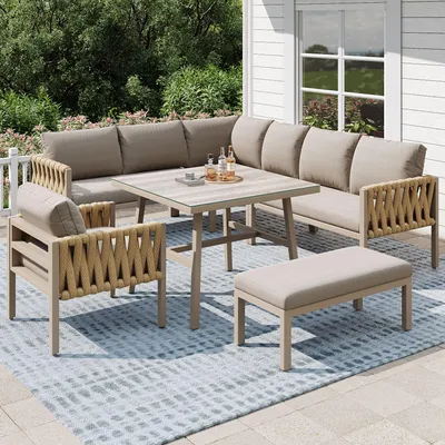 Produktbild von STILVORA Gartenmöbelset mit verstellbaren Beinen, Ecksofa mit Sitz- und Rückenkissen, Gartentisch mit gehärteter Glasplatte,Garten Lounge Set Beige