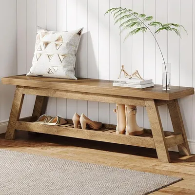 Imagen del producto de Banco de 140 cm de altura, de madera de nogal claro. Banco con almacenamiento para dormitorio, entrada, banco de pie para la cama, ideal para pasillo, comedor, sala de estar, estilo rústico, estante para zapatos, banco decorativo para interior, perfecto para la entrada