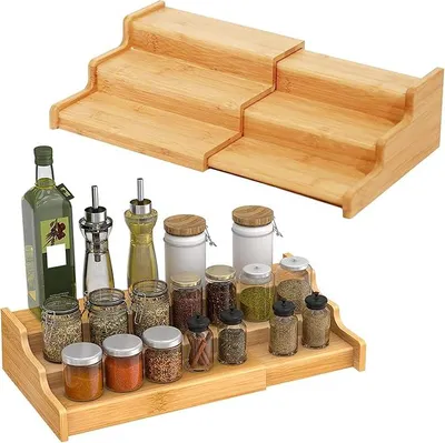 Produktbild von PolkaHome® 2er Set Bambus Gewürzregal 3-stufig Ausziehbar Treppenförmig Standregal für Gewürzdosen Küche Schrank