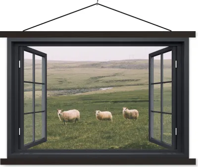 Produktbild von MuchoWow® Textilposter Durchblick - Gras - Schafe 60x40 cm mit schwarzem Rahmen - Hölzernes