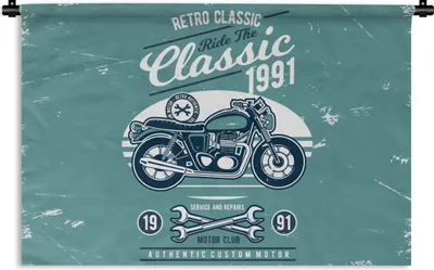 Produktbild von MuchoWow® Wandteppich Wandbehang Motorrad - Werkzeuge - Retro 90x60 cm Tapisserie Dekoration Wandtuch - Wandskulpturen - Bildteppich