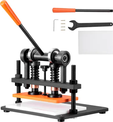 A manual leather stamping machine with its accessories on a white background.