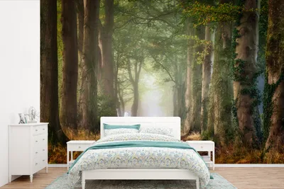 Produktbild von MuchoWow® Fototapete für Wohnzimmer oder Schlafzimmer Wandtapete Vinyl Motivtapete Wald - Weg - Bäume und Pflanzen - Nebel - Herbst - Laub - 600x400 cm - Vinyltapeten