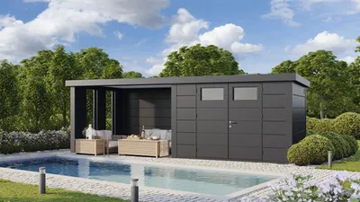 Produktbild von Gartenhaus Classico 3030 inkl. Lounge 3330 links mit Seitendach, Rück- und Seitenwand inkl. Fenster 662 x 318 cm granitgrau