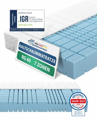 Produktbild von AM Qualitätsmatratzen | Premium 7-Zonen Kaltschaummatratze 90x200 cm | Mittelfest (H3) | Ergonomische Matratze in RG60 | 19 cm Höhe |  Germany | 90 x 200 cm