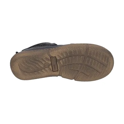 The sole of a black shoe is shown against a white background.