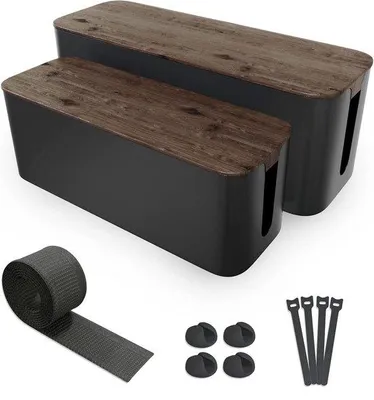 Produktbild von Famanu Kabelbox Set aus ABS Kunststoff mit Holzdeckel und Gummifüßen - Große & Mittlere Kabelbox Schwarz - Inklusive Kabelhalter, Kabelbinder und
