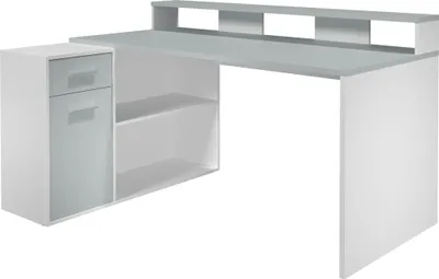 A modern white and gray desk with shelving and drawers.
