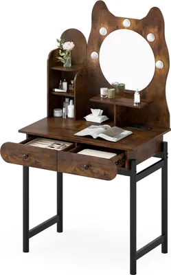 A vanity table with a mirror and lights, designed in a cat shape.