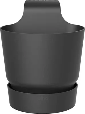 A black hanging planter pot.