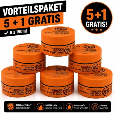 Produktbild von Red One Argan Matte Hair Wax 6er Pack – 6 Stück je 150ml mattes Haarwachs Vorratspack für starken Halt, Struktur, Barber Style, Herren Frisur, kurze Haare, Friseurbedarf, Männer Styling & Alltag