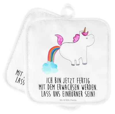Produktbild von Mr. & Mrs. Panda Topflappen Einhorn Pupsen - Weiß - Geschenk, Topfuntersetzer, Freundin, Ofenlappen, Set, Kochlappen, Spaß, Regenbogen, Unicorn, Lustig, topfhalter
