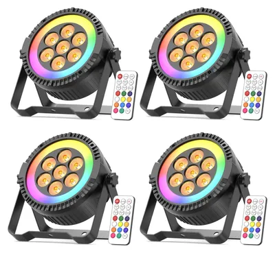 Produktbild von RGBW-LED-PAR-Scheinwerfer mit Ringlicht - DMX512-Bühnenbeleuchtung - 4er-Set - 70 W - 7 LED-Lampen - EU-Stecker - Für Bühne und DJ