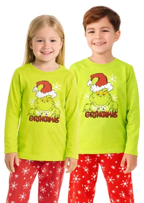 Produktbild von The Grinch Schlafanzug für Mädchen und Jungen - Kinder Pyjama Set Langarm Oberteil mit Hose Grün/Rot 98-104