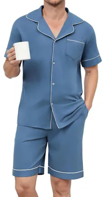 Produktbild von Solidchoice – Herren Pyjama aus Baumwolle – Kurzer Pyjama-Set – Zweiteiliges Set mit Knopfleiste – Loungewear-Set mit Taschen – Verstellbarer Kordelzug – Eleganter Reverskragen – Loungewear