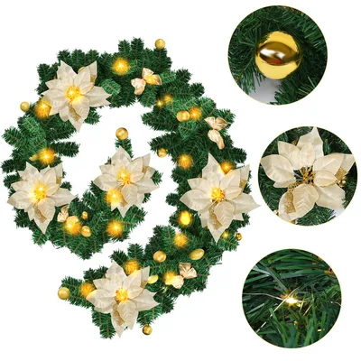 Produktbild von Jiubiaz 2.7M Weihnachtsgirland Tannengirland Weihnachtdekoration mit roten Blumen Weihnachtsdeko-LED Lampen schöne Feiertag-Dekoration für Treppen, Wand, Türen In-Out Door Gold