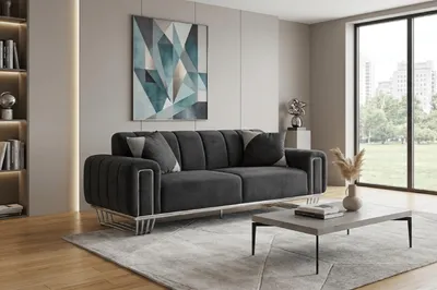 Zdjęcie produktu dla Nowoczesna, szara sofa tapicerowana, elegancka, idealna do salonu, sofa materiałowa, dwuosobowa
