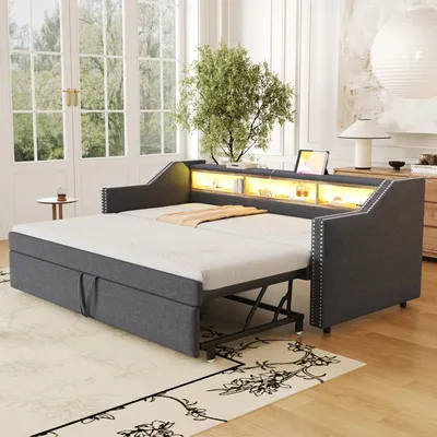 Obrázek produktu pro Čalouněná postel Sweiko Rozkládací pohovka 90/180 x 190 cm, multifunkční úložný prostor, LED osvětlení a USB zásuvka, s lamelovým roštem, tmavě šedá barva