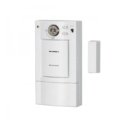 A white door alarm system with a key switch and a separate magnetic sensor. The main unit has a green indicator light and symbols for sound and a switch.