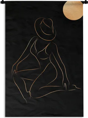 Produktbild von MuchoWow® Wandteppich Wandbehang Frau - Sonne - Gold - Strichzeichnung 60x90 cm Tapisserie Dekoration Wandtuch - Foto-Teppich - Abwaschbar