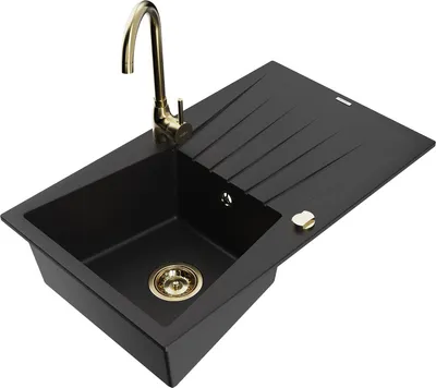 Produktbild von Mexen Cesar 1 Becken-Granitspüle mit Abtropffläche und Mischbatterie Telma, Schwarz - 6514-77-670200-50