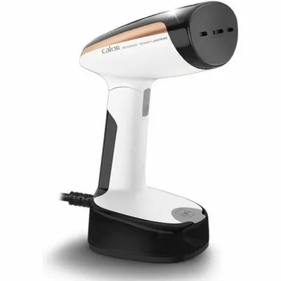 A product shot of a handheld garment steamer.