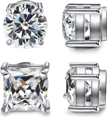 Produktbild von Diamday 2 Paare Edelstahl Magnetisch Ohrstecker für Herren Damen Nicht-Piercing Magnet Ohrringe Clip on Ohrringe CZ Rund/Quadratisch Hypoallergen Klipp Ohrstecker 5-8MM