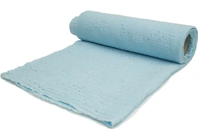Obrázek produktu pro Bavlněná mušelínová tkanina dvojitá gáza, světle modrá se zlatými puntíky 50 x 130 cm