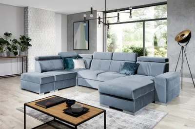 Produktbild von Wohnlandschaft Schlafsofa NOLAN inkl USB Stoff Monolith Hellblau Ottomane Rechts