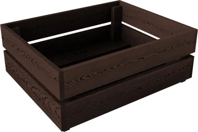 A dark brown wooden crate on a white background.