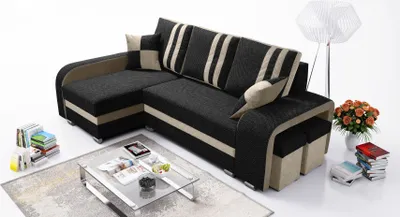 Produktbild von Robin York Ecksofa mit Schlaffunktion 2x Bettkasten 2x Kleine Kissen 2x Hocker Sofa L-Form Schlafsofa Freistehende Eckcouch Schlafcouch Wohnzimmermöbel Wohnlandschaft Schwarz Beige