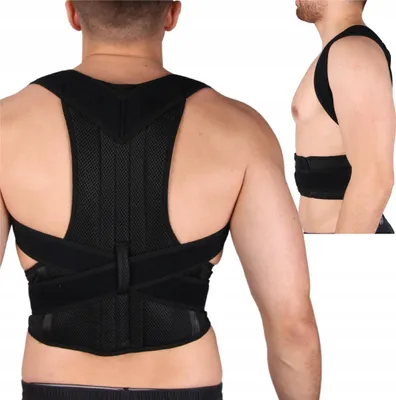 A person wearing a black posture corrector on their back and side.
