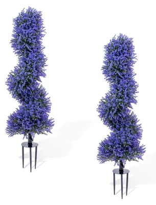 Image de Arbre topiaire artificiel en forme de spirale, couleur lavande - 90 cm - Avec tige à planter - Pour l'extérieur (véranda/jardin) - 1 pièce - Violet