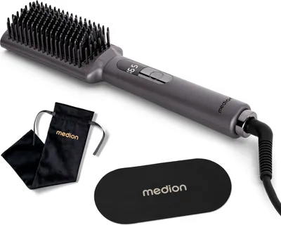 A gray Medion hair straightening brush with its accessories, including a storage pouch and a heat-resistant mat, is displayed against a white background.