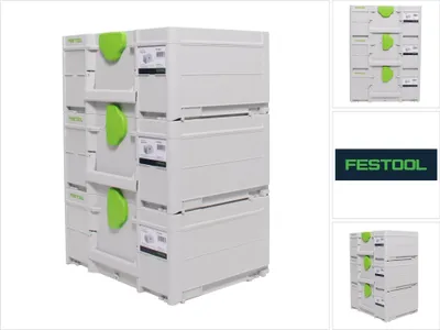 A stack of three white Festool Systainer toolboxes with green handles, shown from a slightly angled front view.