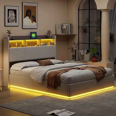 Produktbild von Fortuna Lai Hydraulisches Polsterbett 140x190cm mit Ladefunktion, Jugendbett Doppelbett mit Stauraum, Stauraumbett mit LED, Leinen, Beige