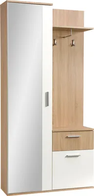 Produktbild von Albello LUXI Garderobenschrank mit Spiegel, Schubladen & Kleiderhaken – Kleiderschrank für Flur oder Eingangsbereich - Sonoma Eiche Weiß, 97x30x195 cm